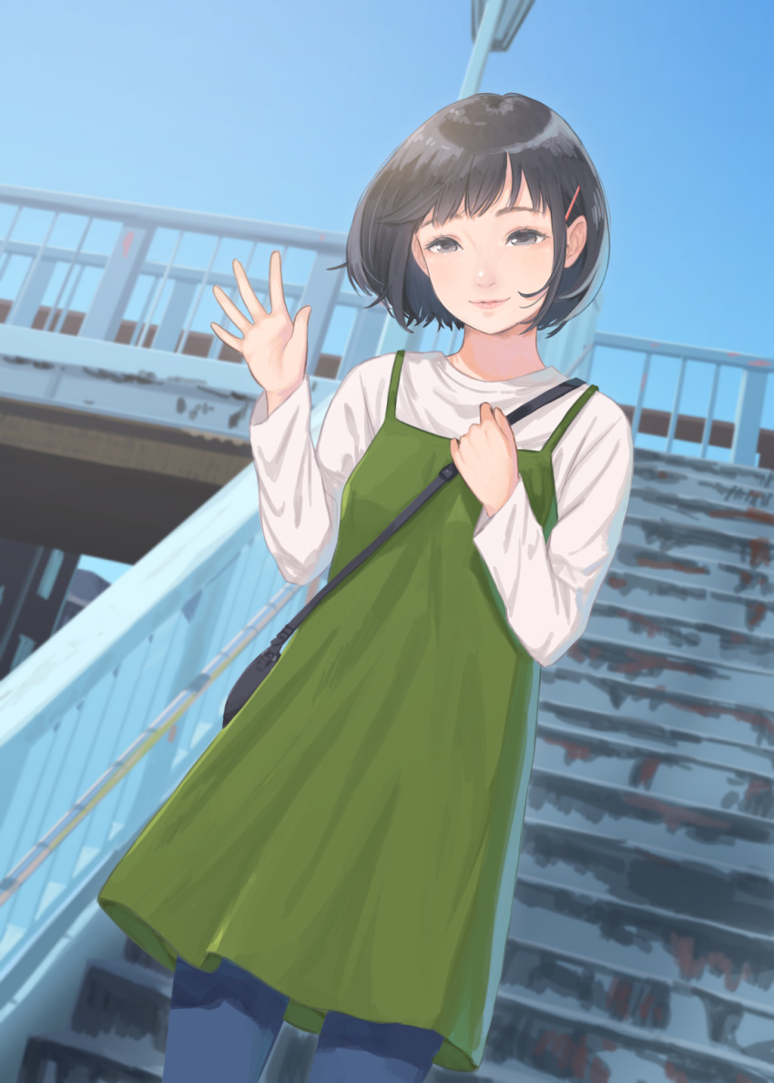 1girl black_hair bob_cut dress dutch_angle green_dress grey_eyes hair_ornament hairclip hand_up highres kyak_bamboo looking_at_viewer original outdoors overpass short_hair smile solo stairs