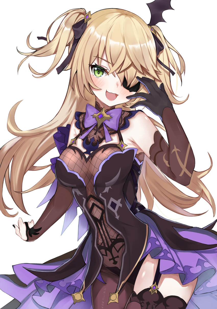 1girl :d absurdres bare_shoulders black_legwear blonde_hair bodystocking bow breasts bridal_gauntlets dress elbow_gloves eyepatch fischl_(genshin_impact) garter_straps genshin_impact gloves green_eyes hair_ornament hair_over_one_eye hair_ribbon hand_up highres long_hair looking_at_viewer nemun_(tamizzz) open_mouth ribbon single_thighhigh small_breasts smile solo thigh-highs two_side_up