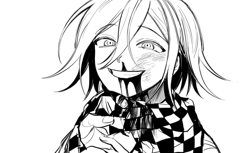 1boy bangs blood blood_from_mouth bloody_clothes checkered checkered_neckwear checkered_scarf clothes_grab dangan_ronpa dodoparipupe eyebrows_visible_through_hair greyscale grin hair_between_eyes male_focus monochrome new_dangan_ronpa_v3 ouma_kokichi scarf simple_background smile solo_focus upper_body