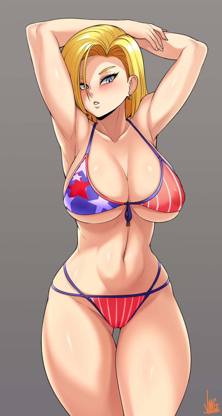 1girl american_flag_bikini android_18 arms_behind_head bikini blonde_hair blue_eyes blush breasts cosplay curvy dragon_ball dragon_ball_z earrings fate/grand_order fate_(series) flag_print front-tie_bikini front-tie_top grey_background highres jewelry jmg large_breasts medium_hair miyamoto_musashi_(fate/grand_order) miyamoto_musashi_(swimsuit_berserker)_(fate) miyamoto_musashi_(swimsuit_berserker)_(fate)_(cosplay) navel signature swimsuit toned