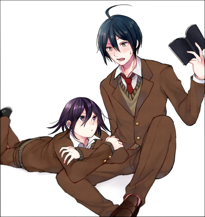 2boys :o ahoge alternate_costume bangs black_footwear black_hair book brown_footwear brown_jacket brown_pants brown_sweater collared_shirt commentary_request dangan_ronpa hair_between_eyes highres holding holding_book jacket knee_up kokeshi_1101 loafers long_sleeves looking_at_another looking_up lower_teeth lying male_focus multiple_boys necktie new_dangan_ronpa_v3 on_stomach open_book open_mouth ouma_kokichi pants purple_hair red_neckwear saihara_shuuichi school_uniform shirt shoes simple_background sitting sweatdrop sweater violet_eyes white_background white_shirt