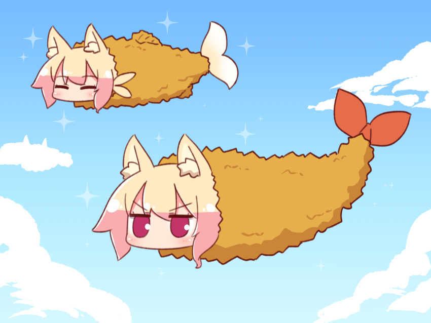 2girls ^_^ animal_ear_fluff animal_ears bangs blonde_hair blue_sky blush closed_eyes clouds commentary_request day eyebrows_visible_through_hair flying food fox_ears fox_tail hair_between_eyes highres kemomimi-chan_(naga_u) long_hair looking_at_viewer multiple_girls naga_u objectification original outdoors shrimp shrimp_tempura sidelocks sky sparkle tail tempura v-shaped_eyebrows violet_eyes