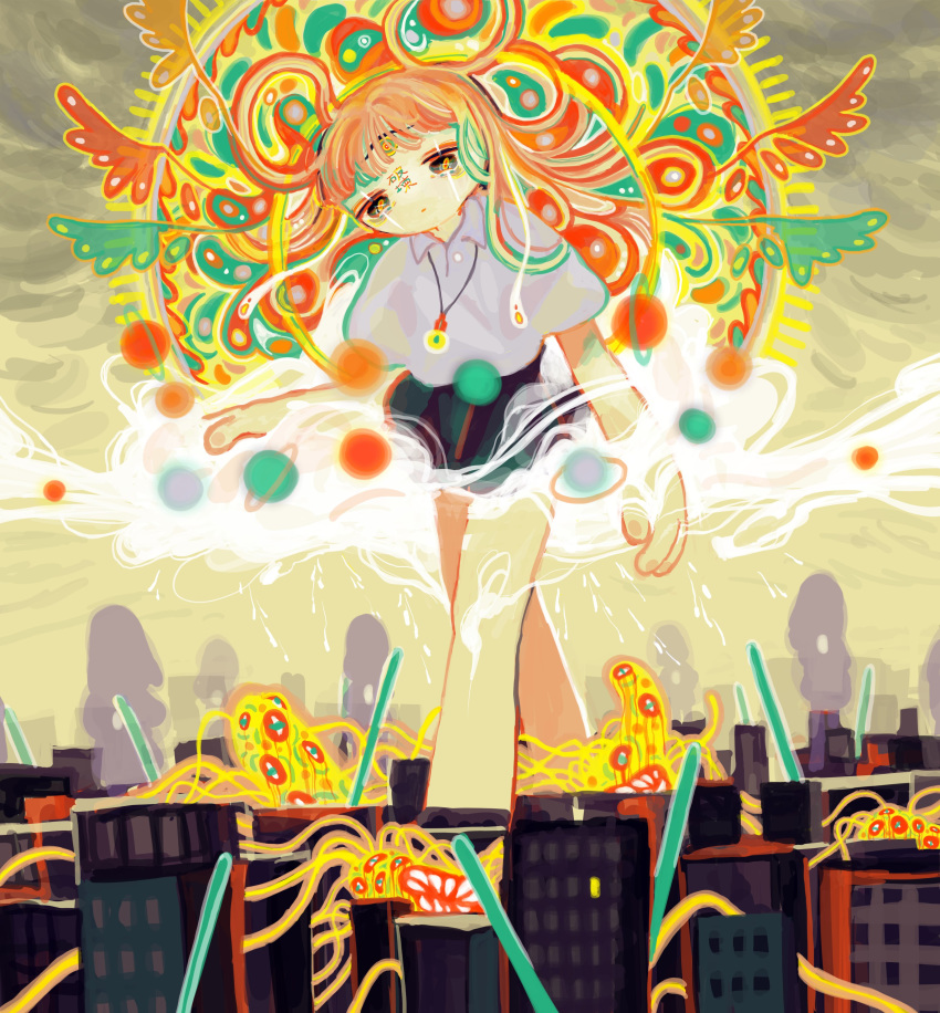 1girl absurdres bangs black_skirt building clouds collared_shirt feet_out_of_frame giantess grey_shirt highres jewelry long_hair monster necklace orange_hair original planetary_ring rain shirt short_sleeves sizucomaru skirt solo tentacles third_eye walking