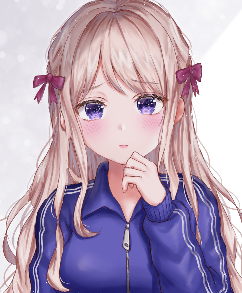 1girl blonde_hair blush hair_ornament hand_on_own_face highres jacket jersey lips long_hair looking_at_viewer original pink_ribbon ribbon simple_background syatihoko track_jacket track_suit violet_eyes zipper