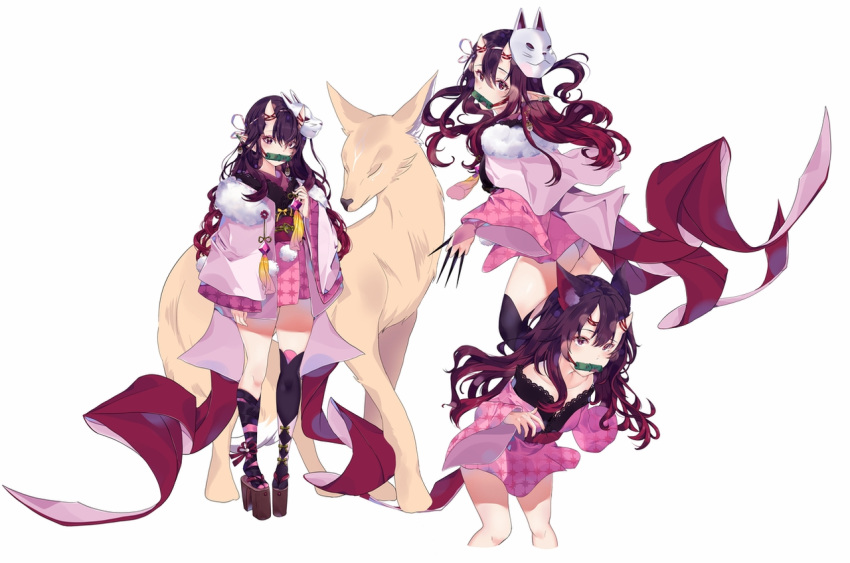 1girl animal_ears bamboo bit_gag blush demon_girl gag hair_ornament horns japanese_clothes kimono kimono_skirt long_hair mask mirei-yume original panties pink_kimono pink_ribbon pointy_ears print_kimono ribbon underwear