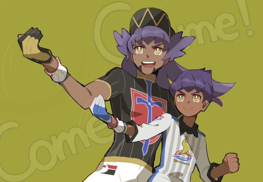 2boys baseball_cap brothers clenched_hand closed_mouth collared_shirt commentary_request dark_skin dark_skinned_male dynamax_band floating_hair gloves hat hop_(pokemon) leon_(pokemon) male_focus multiple_boys nanaheibei_3 open_mouth pokemon pokemon_(game) pokemon_swsh purple_hair shirt short_sleeves shorts siblings single_glove smile teeth tongue white_shorts yellow_eyes