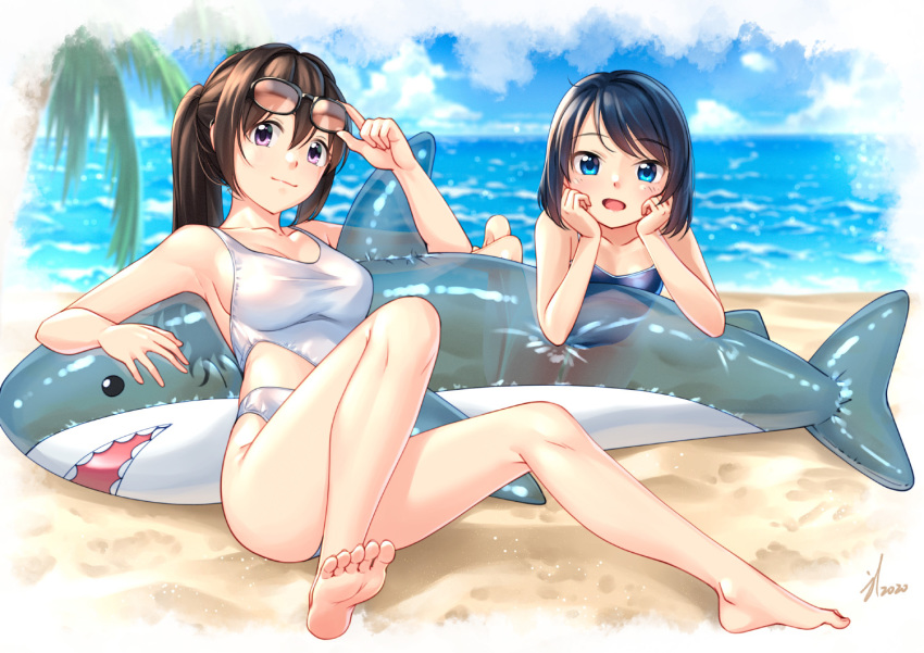 bangs beach black_hair blue_eyes blush breasts brown_hair day eyebrows_visible_through_hair hair_between_eyes inflatable_shark inflatable_toy jakelian long_hair lying medium_breasts one-piece_swimsuit open_mouth original outdoors ponytail school_swimsuit short_hair sitting small_breasts smile sunglasses swimsuit violet_eyes