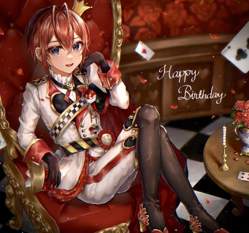 1boy absurdres bangs blue_eyes blush candle card crown flower formal heart_card highres looking_at_viewer redhead riddle_rosehearts rose short_hair sitting suit syatihoko throne twisted_wonderland white_suit