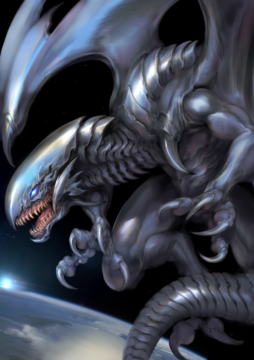 absurdres blue-eyes_white_dragon blue_eyes claws dragon earth flying highres no_humans open_mouth planet scales sharp_teeth space teeth witnesstheabsurd yu-gi-oh!