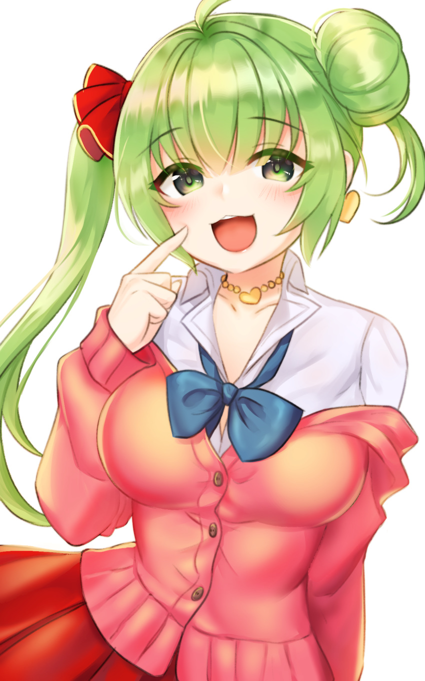 1girl :3 bangs blush breasts cardigan earrings eyebrows_visible_through_hair finger_to_cheek green_eyes green_hair hair_bun heart heart_earrings heart_necklace highres jewelry kbn317 last_origin looking_at_viewer medium_breasts open_mouth p-29_lindwurm pleated_skirt red_skirt school_uniform side_ponytail simple_background skirt smile solo two_side_up white_background
