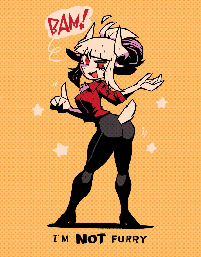 1girl ass black_pants breasts english_text from_behind full_body furry goat_girl goat_horns goat_tail helltaker highres horns index_finger_raised looking_at_viewer lucifer_(helltaker) orange_background pants rariatto_(ganguri) red_eyes red_shirt shirt simple_background snout solo standing star_(symbol) symbol_commentary white_hair