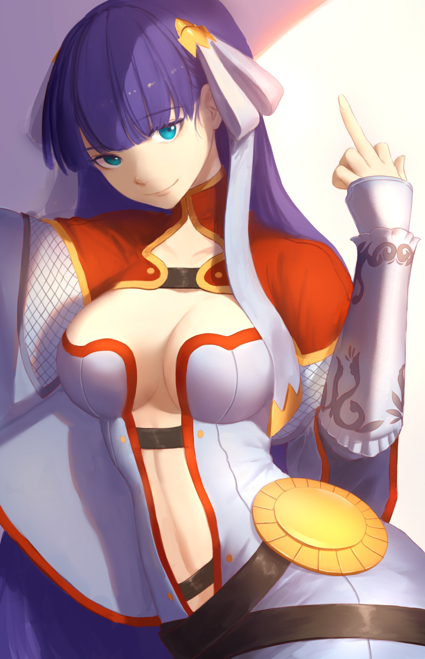 1girl blue_eyes breasts closed_mouth eyebrows_visible_through_hair fate/grand_order fate_(series) fingernails hair_ribbon hand_up highres hoojiro large_breasts long_hair long_sleeves looking_at_viewer middle_finger purple_hair ribbon saint_martha smile solo vambraces very_long_hair white_ribbon