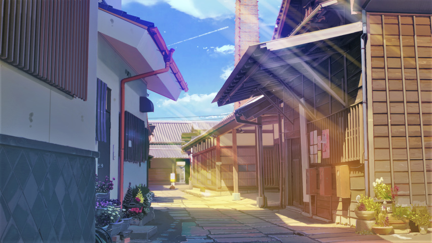 architecture blue_sky brick building chimney clouds commentary_request condensation_trail door east_asian_architecture evening flower flower_pot highres house kamo_nasus. light_rays no_humans original pillar plant potted_plant road scenery shrine sky street sunbeam sunlight vanishing_point window