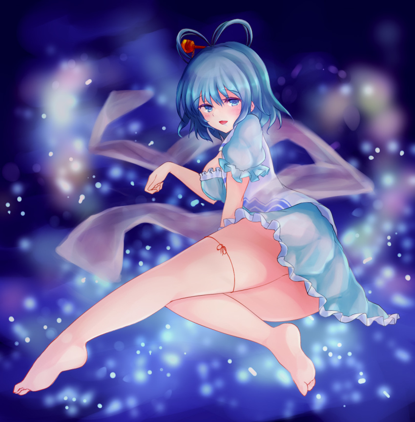 1girl aqua_dress ass bare_legs barefoot blue_background blue_eyes blue_hair blurry blurry_background blush bokeh breasts commentary_request depth_of_field dress feet frills full_body hagoromo hair_ornament hair_rings hair_stick highres kaku_seiga large_breasts light_particles lying on_side open_mouth puffy_short_sleeves puffy_sleeves shawl short_hair short_sleeves soles solo string thighs totolarc touhou vest white_vest