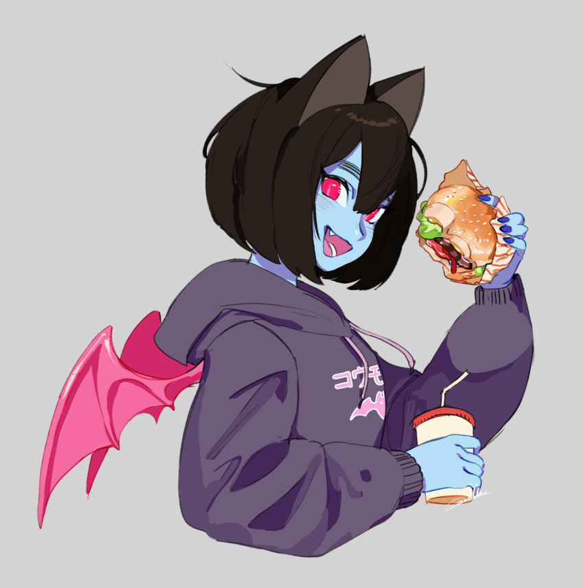 1girl animal_ears bangs bat_ears bat_girl bat_wings black_hair blue_nails blue_skin cropped_torso drawstring drink fang food grey_background hamburger highres holding holding_drink holding_food hood hood_down hoodie long_sleeves open_mouth original pink_eyes short_hair simple_background solo upper_body wings zambiie