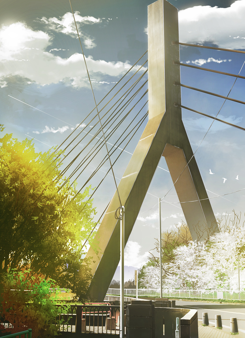 architecture bird blue_sky bridge bush cherry_blossoms clouds condensation_trail evening highres hill kamo_nasus. leaf no_humans original outdoors power_lines railing road road_sign rural scenery sidewalk sign sky spring_(season) tower tree tree_branch