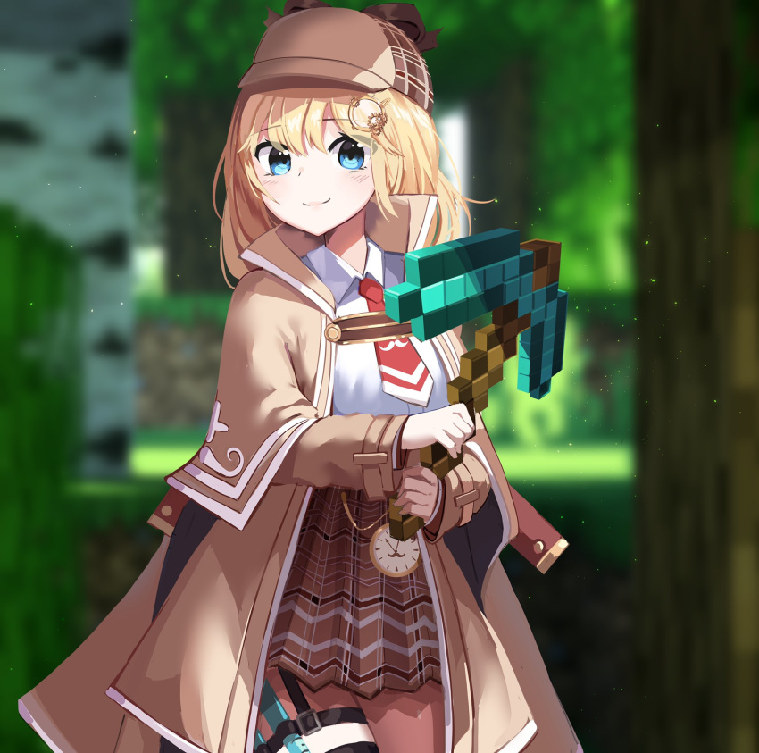 1girl 3d blonde_hair blue_eyes dayshiart diamond_pickaxe eyebrows_visible_through_hair highres holding_pickaxe hololive hololive_english jacket looking_at_viewer minecraft mini_necktie plaid plaid_skirt red_neckwear skirt smile solo virtual_youtuber watson_amelia