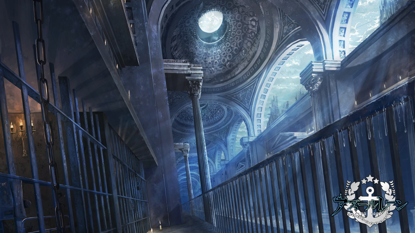 azur_lane banishment bars candle chain clouds cloudy_sky commentary_request highres ice indoors light_rays logo no_humans official_art pillar prison prison_cell railing scenery sky sunbeam sunlight
