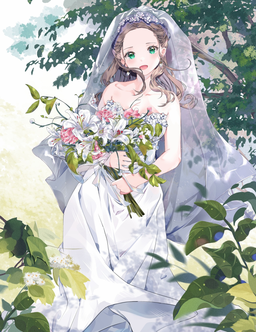1girl bare_shoulders blush bouquet bridal_veil bride brown_hair collarbone dress earrings flower formal green_eyes highres jewelry mirei-yume open_mouth original strapless strapless_dress suit veil wedding wedding_dress white_dress white_suit