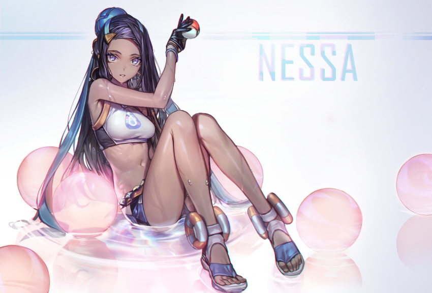 1girl armlet belly_chain chyan dark_skin earrings eyeliner eyeshadow forehead gloves gym_leader hair_bun highres holding holding_poke_ball hoop_earrings jewelry long_hair looking_at_viewer makeup multicolored_hair necklace nessa_(pokemon) partly_fingerless_gloves poke_ball poke_ball_(basic) pokemon pokemon_(game) pokemon_swsh simple_background single_glove solo sportswear swimsuit tankini two-tone_hair