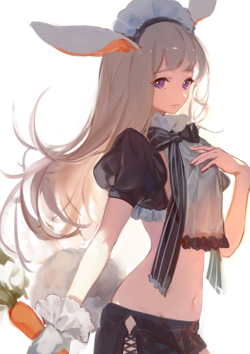 1girl absurdres animal_ears black_bow black_shorts bow bowtie bunny_tail carrot closed_mouth cowboy_shot crop_top ear_down food from_side gloves grey_hair hand_on_own_chest highres holding holding_food holding_vegetable hoojiro long_hair looking_at_viewer looking_to_the_side maid maid_headdress midriff navel original puffy_short_sleeves puffy_sleeves rabbit_ears rabbit_girl short_shorts short_sleeves shorts single_glove smile solo standing tail vegetable violet_eyes white_gloves