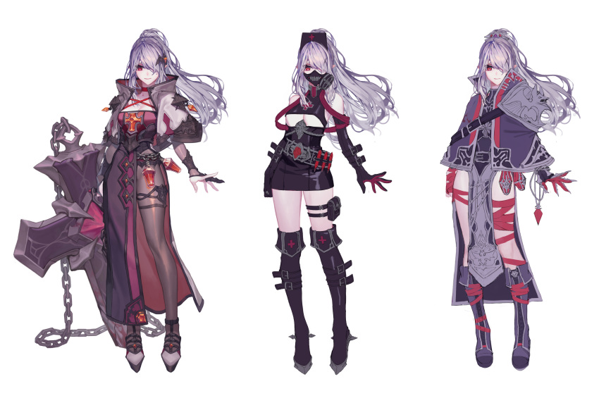1girl absurdres blood bottle breasts chain chyan closed_mouth cross elbow_gloves fang full_body gloves hair_ornament hair_over_one_eye hairclip high_heels highres long_hair looking_at_viewer mask mouth_mask multiple_views one_eye_covered red_eyes stake turnaround vampire variations weapon white_background white_hair