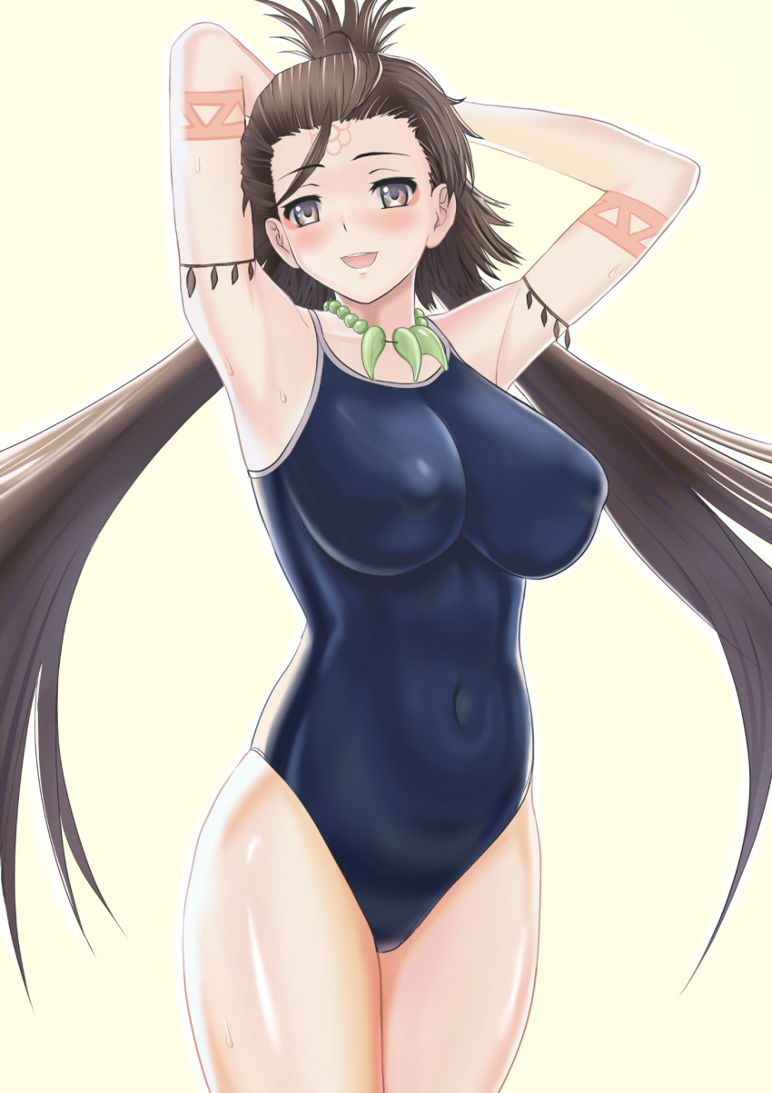 1girl arms_behind_head bare_shoulders blue_swimsuit blush body_markings breasts facial_mark fate/grand_order fate_(series) forehead forehead_mark highres higofushi himiko_(fate) long_hair looking_at_viewer magatama magatama_necklace one-piece_swimsuit school_swimsuit swimsuit topknot