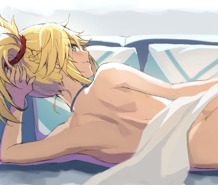 1girl back bangs bed_sheet blonde_hair blush braid breasts fate/apocrypha fate_(series) female_only french_braid green_eyes hair_ornament hair_scrunchie highres long_hair looking_at_viewer lying mordred_(fate) mordred_(fate)_(all) no_bra no_panties nude on_side parted_bangs parted_lips pillow ponytail red_scrunchie scrunchie sidelocks small_breasts smile tonee