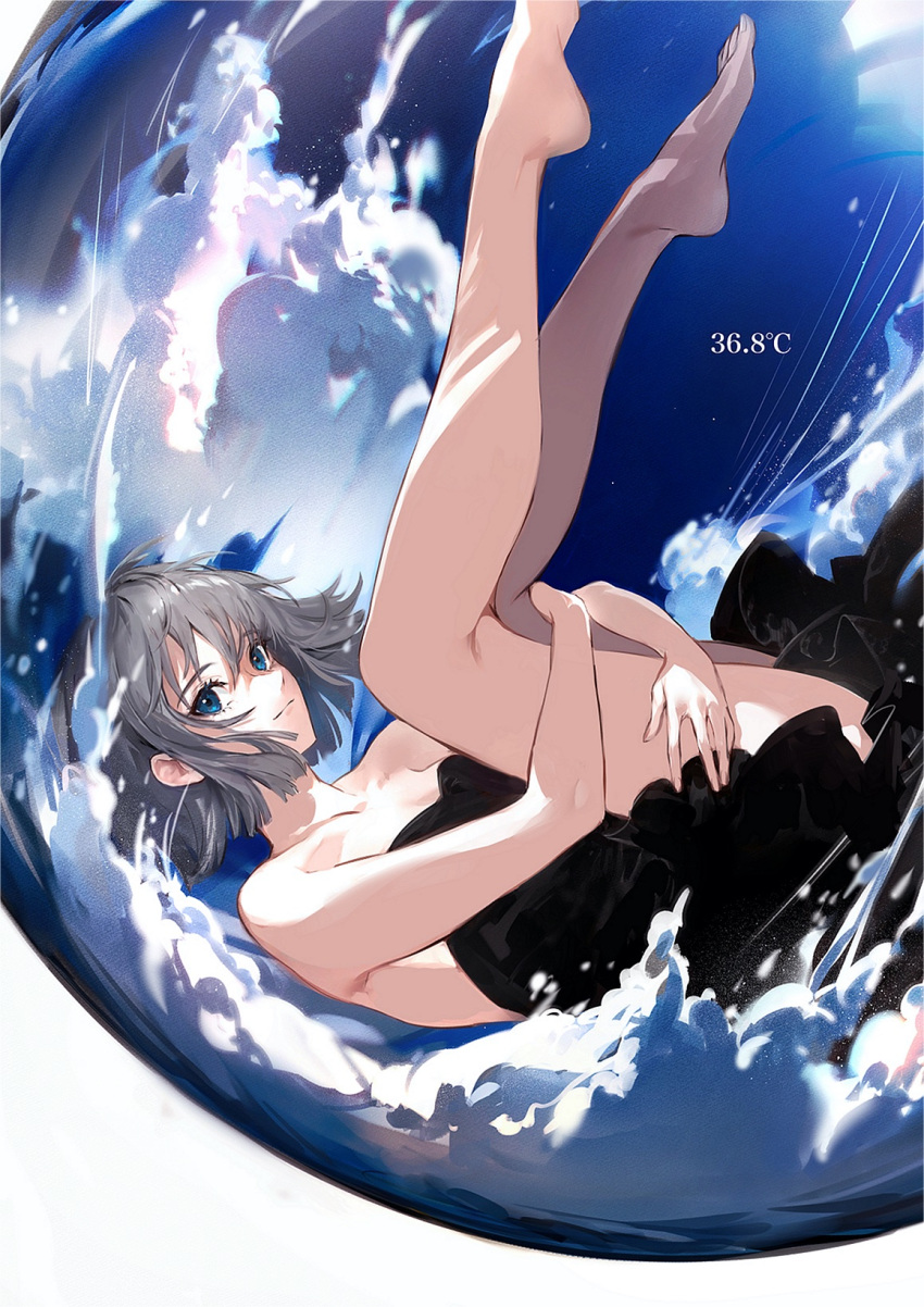 1girl bare_arms bare_legs bare_shoulders barefoot black_dress blue_eyes blue_sky bob_cut closed_mouth clouds cloudy_sky dress fingernails from_side grey_hair highres hoojiro leg_hug looking_at_viewer looking_to_the_side original short_hair sky solo strapless strapless_dress temperature upside-down