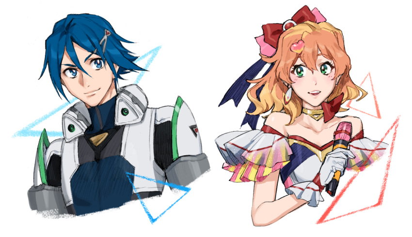 1boy 1girl blue_eyes blue_hair bow cropped_torso freyja_wion green_eyes hair_bow hair_ornament hayate_immelmann heart heart_hair_ornament holding holding_microphone idol looking_to_the_side macross macross_delta microphone mosako open_mouth orange_hair pilot_suit