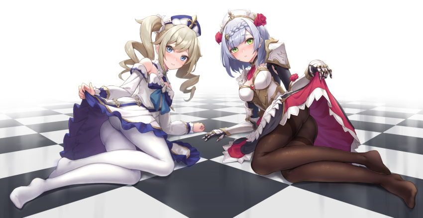 2girls armor ass barbara_(genshin_impact) black_dress blue_eyes blush braid breastplate breasts brown_hair brown_legwear checkered checkered_floor detached_sleeves dress dress_lift embarrassed feet frown gauntlets genshin_impact gohei_(aoi_yuugure) green_eyes highres long_hair long_sleeves looking_at_viewer lying medium_breasts multiple_girls no_shoes noelle_(genshin_impact) nose_blush on_floor on_side pantyhose reclining short_hair shoulder_armor silver_hair spaulders thighband_pantyhose twintails white_dress white_headwear white_legwear