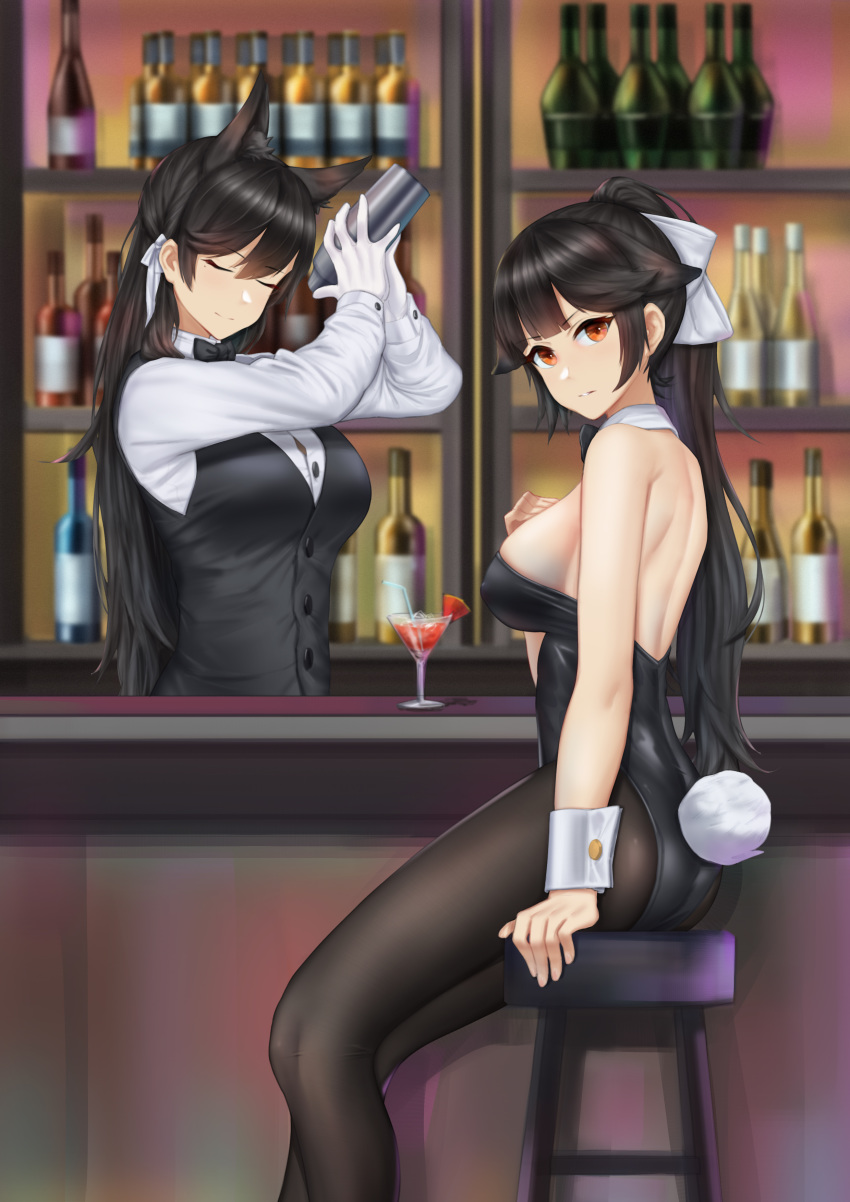 2girls absurdres alternate_costume animal_ear_fluff animal_ears arm_at_side arms_up ass atago_(azur_lane) azur_lane bangs bar bar_stool bare_shoulders bbdaoa_(1446759744) black_bow black_hair black_legwear black_leotard black_neckwear black_vest bottle bow bowtie breasts bunny_tail closed_eyes closed_mouth cocktail_shaker commentary_request cup detached_collar drink eyebrows_visible_through_hair fake_tail feet_out_of_frame from_side gloves hair_bow hair_ribbon high_ponytail highres indoors large_breasts leotard long_hair long_sleeves looking_at_viewer looking_to_the_side multiple_girls pantyhose parted_lips red_eyes ribbon shirt sitting stool strapless strapless_leotard tail takao_(azur_lane) v-shaped_eyebrows very_long_hair vest white_bow white_gloves white_ribbon white_shirt wrist_cuffs