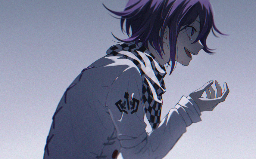 1boy bangs checkered checkered_neckwear checkered_scarf crying dangan_ronpa from_side grey_background hair_between_eyes highres io_(sinking=carousel) long_sleeves male_focus new_dangan_ronpa_v3 open_mouth ouma_kokichi profile purple_hair scarf simple_background solo straitjacket tears violet_eyes