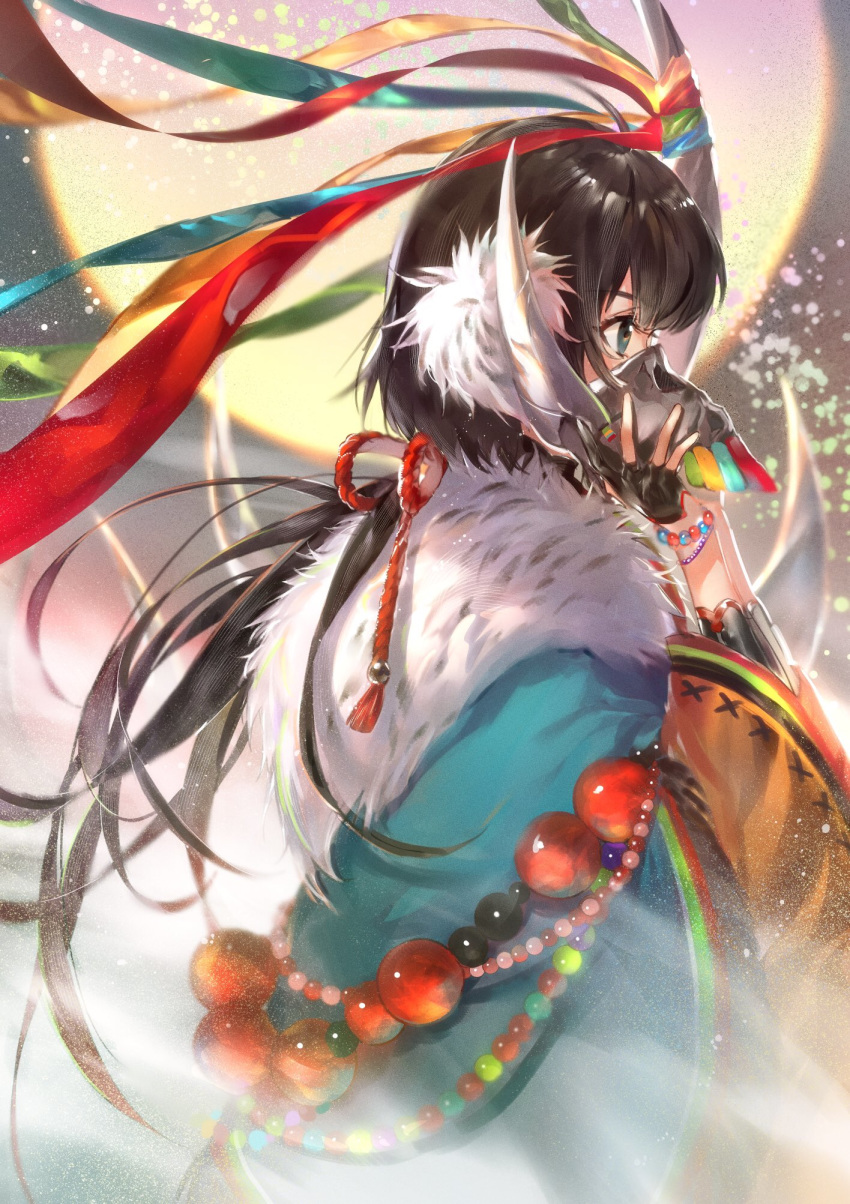 1girl black_gloves blue_eyes blue_kimono brown_hair feather_trim fingerless_gloves from_side full_moon gloves hands_up highres hoojiro japanese_clothes kimono long_hair long_sleeves low_ponytail mask moon mouth_mask original ponytail profile solo wide_sleeves