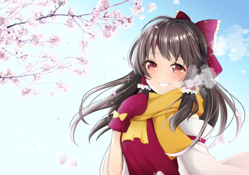 1girl absurdres blush bow breath brown_hair cherry_blossoms commentary_request day detached_sleeves eyebrows_visible_through_hair hair_bow hair_tubes hakurei_reimu hand_on_own_chest highres huge_filesize long_hair looking_at_viewer mittens petals red_bow red_eyes red_shirt scarf shirt sidelocks sky sleeveless sleeveless_shirt smile solo sparkle tooga_mashiro touhou upper_body yellow_neckwear