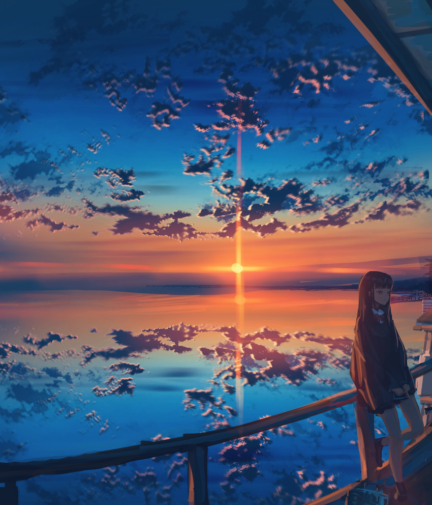 1girl absurdres bow bowtie brown_eyes brown_hair building city cityscape clouds expressionless highres jacket kenzo_093 leaning leaning_on_rail long_hair long_sleeves ocean original railing red_bow reflection scenery sky solo standing sun sunset transmission_tower water