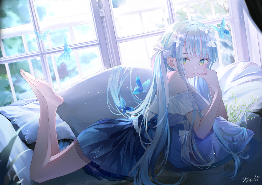 1girl bangs bare_legs bare_shoulders barefoot bow bug butterfly couch dress eyebrows eyebrows_visible_through_hair hair_bow hair_ornament insect legs_up long_hair looking_at_viewer lying nabi_(uz02) on_stomach original parted_lips pillow soles solo toes twintails window