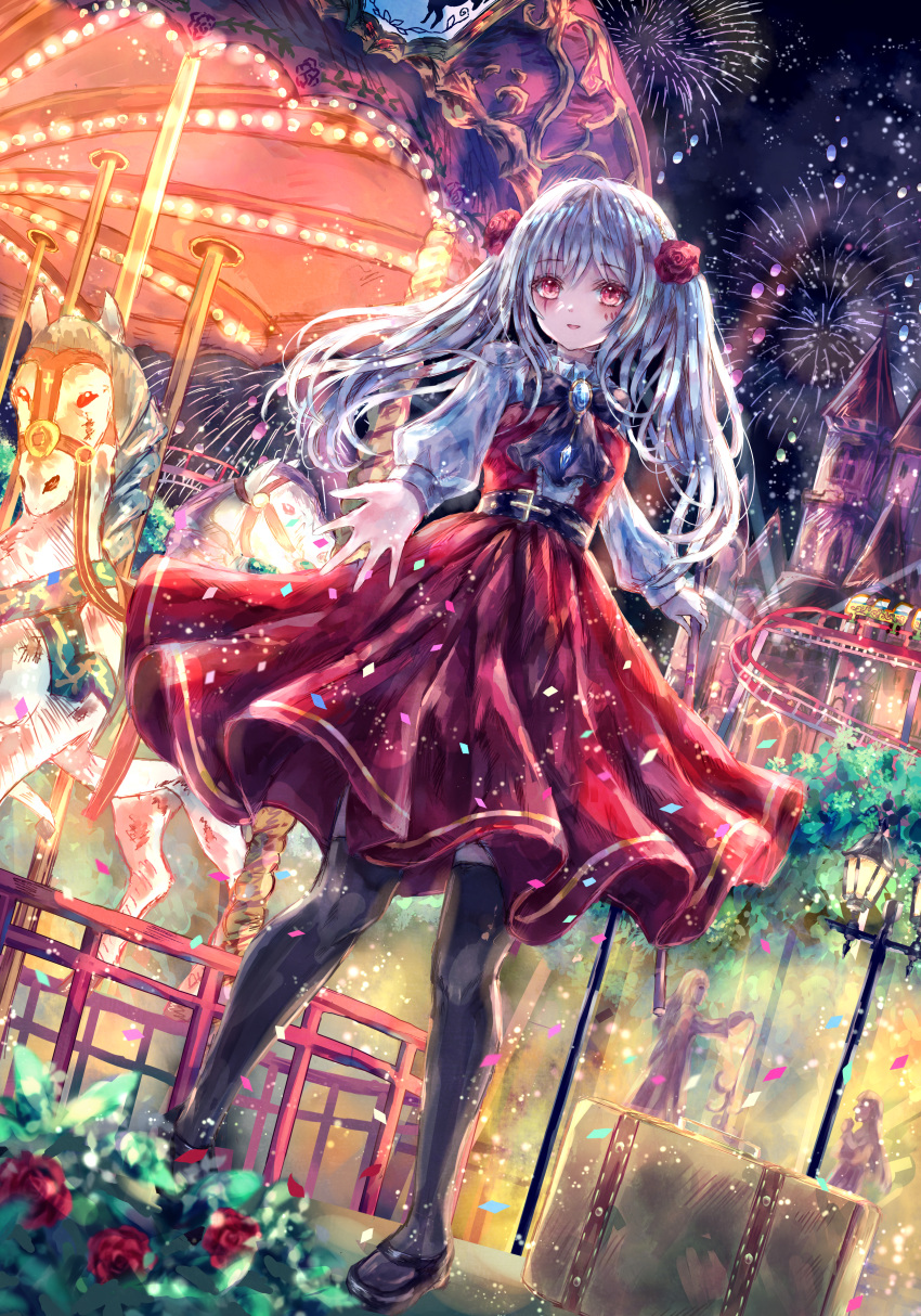 1girl absurdres bangs belt black_belt black_footwear black_legwear carousel dress fireworks flower full_body hair_flower hair_ornament highres huge_filesize lamppost long_hair long_sleeves luggage mary_janes night night_sky original outdoors red_dress red_eyes rose shirt shoes sky solo suzushina thigh-highs white_hair white_shirt