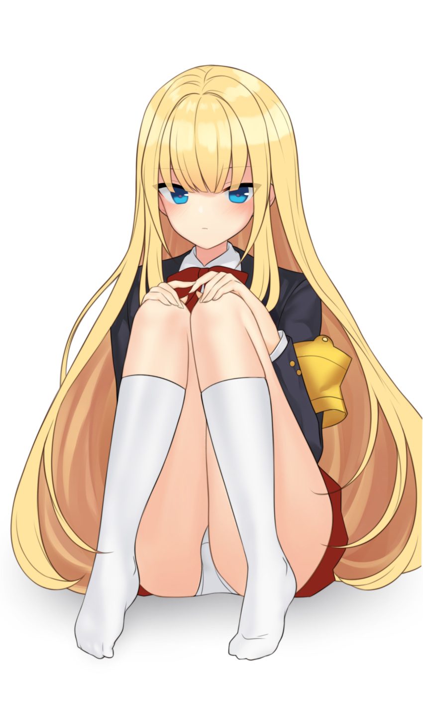 1girl absurdres bangs blazer blue_eyes blush cardinal_armand highres jacket kbn317 kneehighs last_origin long_hair looking_at_viewer panties pantyshot school_uniform simple_background sitting skirt solo underwear upskirt very_long_hair white_background white_legwear white_panties