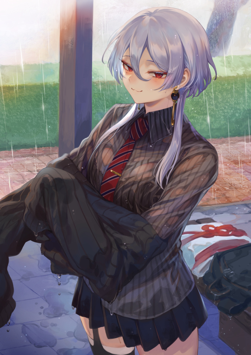 1girl blue_skirt clothes_pull grass highres holding holding_clothes jacket jewelry mashuu_(neko_no_oyashiro) necktie original pinstripe_shirt pleated_skirt rain red_eyes school_uniform sidewalk silver_hair single_earring skirt smile sweater sweater_pull thigh-highs tie_clip wet wet_clothes