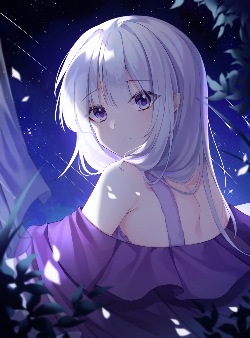 1girl absurdres bangs bare_shoulders closed_mouth commentary_request curtains dress emilia_(re:zero) eyebrows_visible_through_hair face flower from_behind hair_ornament highres hu_qu long_hair looking_at_viewer looking_back night night_sky off_shoulder plant pointy_ears purple_dress re:zero_kara_hajimeru_isekai_seikatsu shooting_star shoulder_blades silver_hair sky solo star_(sky) starry_sky upper_body violet_eyes