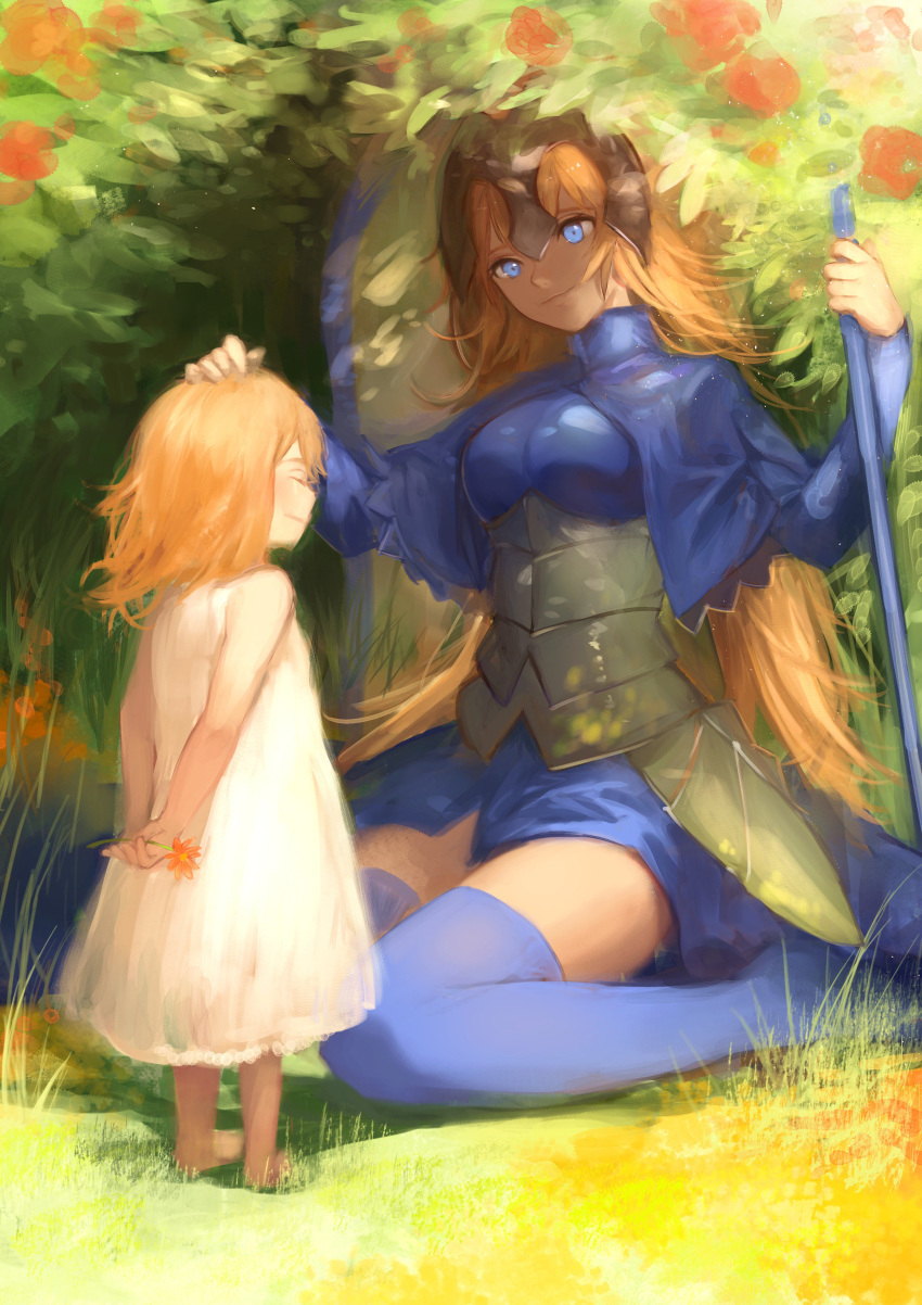 2girls absurdres age_difference armor arms_behind_back bangs blonde_hair blue_eyes blue_legwear breasts child closed_eyes dress facing_another fate/apocrypha fate_(series) flower grass headpiece highres holding holding_flower hoojiro jeanne_d'arc_(fate) jeanne_d'arc_(fate)_(all) long_hair looking_at_another medium_breasts multiple_girls nature petting sitting smile thigh-highs wariza white_dress