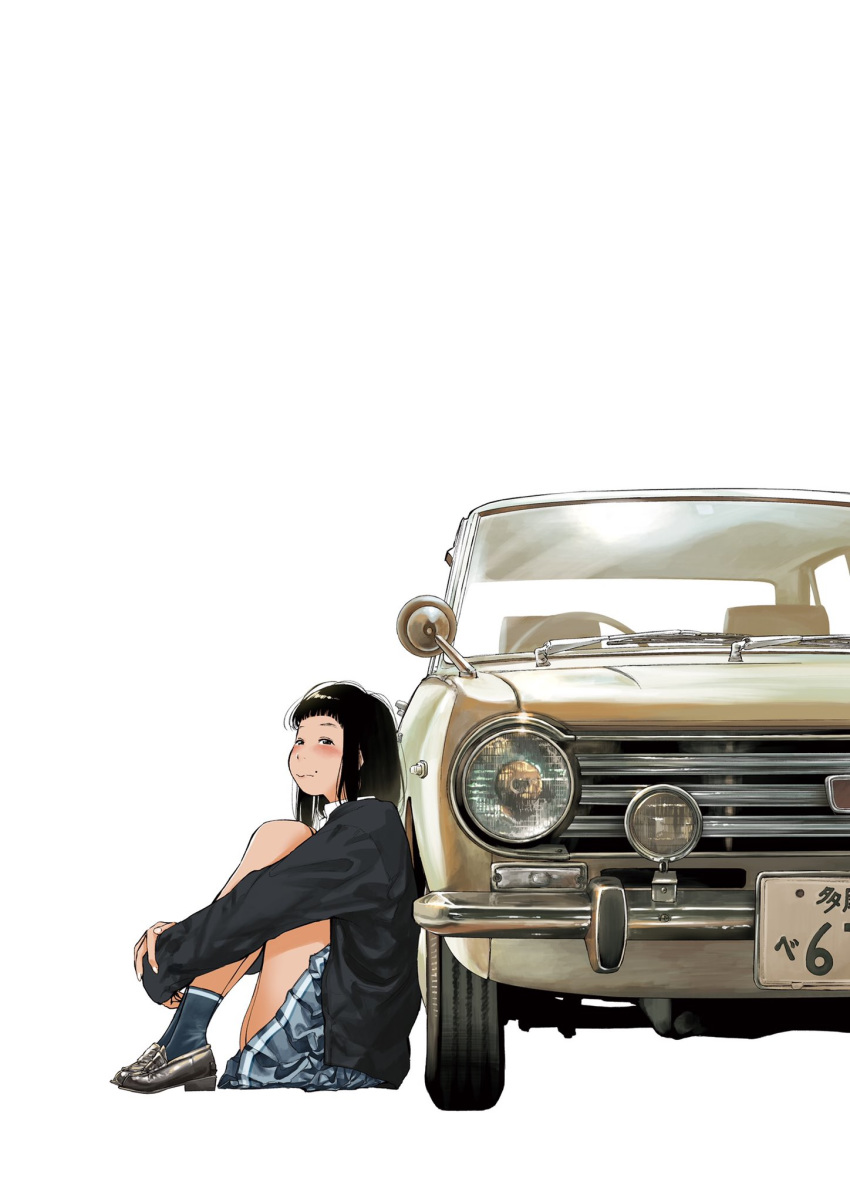 1girl bangs berose black_eyes black_footwear black_hair blue_legwear blue_skirt blunt_bangs blush car cardigan from_side ground_vehicle highres knees_up leg_hug mole mole_above_mouth motor_vehicle original pleated_skirt sitting skirt socks vehicle_focus white_background