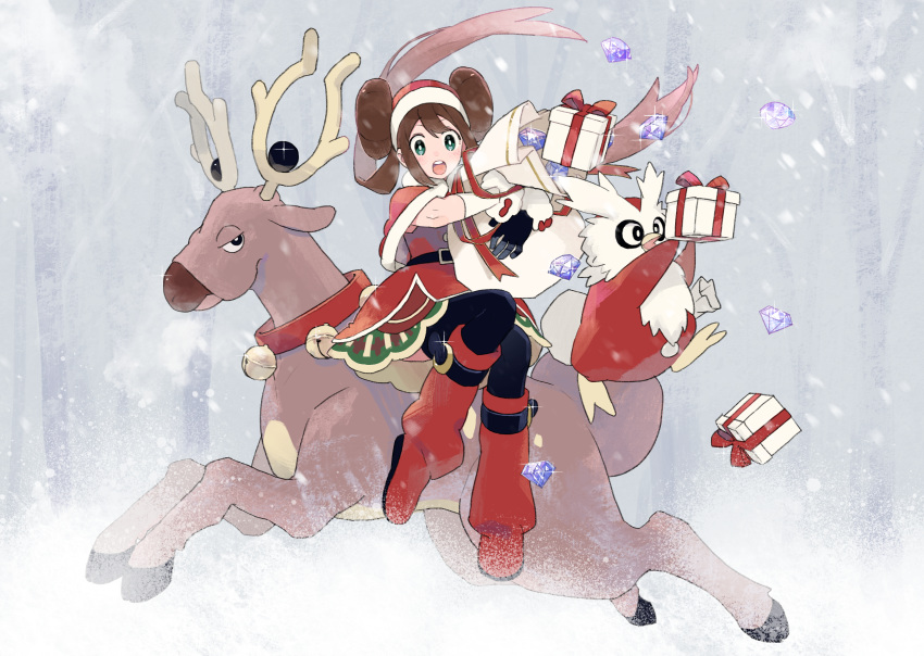1girl absurdres bangs boots box capelet christmas commentary_request delibird double_bun floating_hair fur_trim gem gen_2_pokemon gift gift_box green_eyes gum_(gmng) hat highres huge_filesize open_mouth pokemon pokemon_(creature) pokemon_(game) pokemon_masters_ex red_capelet red_footwear riding_pokemon rosa_(pokemon) sack santa_hat sidelocks sitting snowing stantler teeth tongue twintails