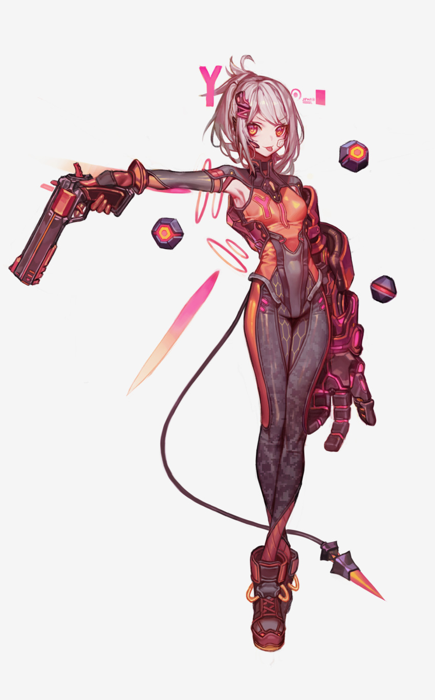 1girl :p absurdres ankle_boots armpits bandage_on_face bandages bodysuit boots breasts chyan folded_ponytail full_body gun highres holding holding_gun holding_weapon hologram looking_at_viewer microphone original pepperbox_revolver red_bodysuit red_eyes red_footwear science_fiction simple_background small_breasts smile solo tail tongue tongue_out weapon white_background