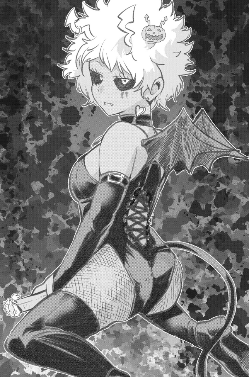 1girl ashido_mina ass bare_shoulders bat_wings black_sclera boku_no_hero_academia breasts closed_mouth demon_girl demon_tail earrings food_themed_hair_ornament greyscale hair_ornament halloween_costume heart high_heels highres jewelry looking_at_viewer looking_back monochrome nstime23 pumpkin_hair_ornament sitting solo succubus tail tattoo thigh-highs wariza wings