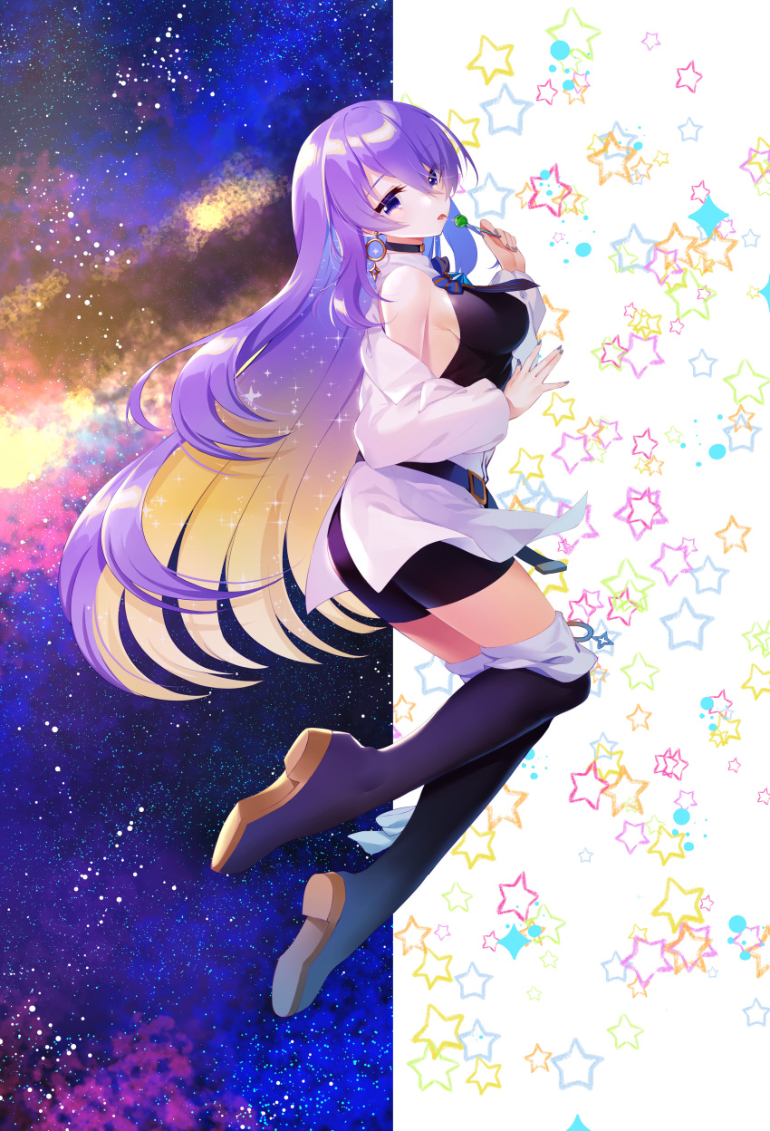 1girl abondz absurdres belt boots breasts candy choker earrings food highres hololive hololive_indonesia jewelry lollipop long_hair moona_hoshinova purple_hair saliva shorts space starry_background thigh-highs thigh_boots violet_eyes