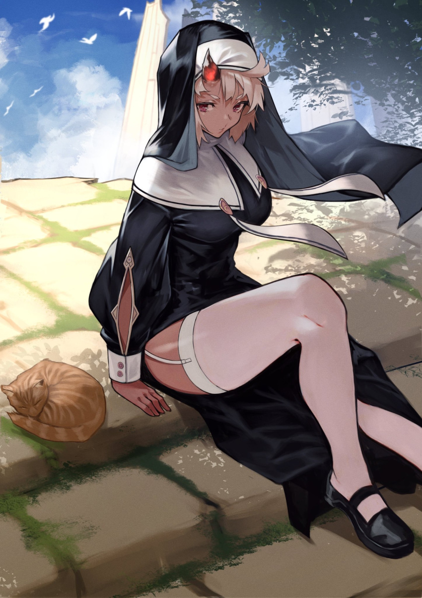 1girl black_dress black_footwear blue_sky cat dark_skin day dress garter_straps habit highres horns loafers long_sleeves nun original outdoors red_eyes shoes short_hair side_slit single_horn sitting sky solo stairs thigh-highs white_hair white_legwear yoshio_(55level)