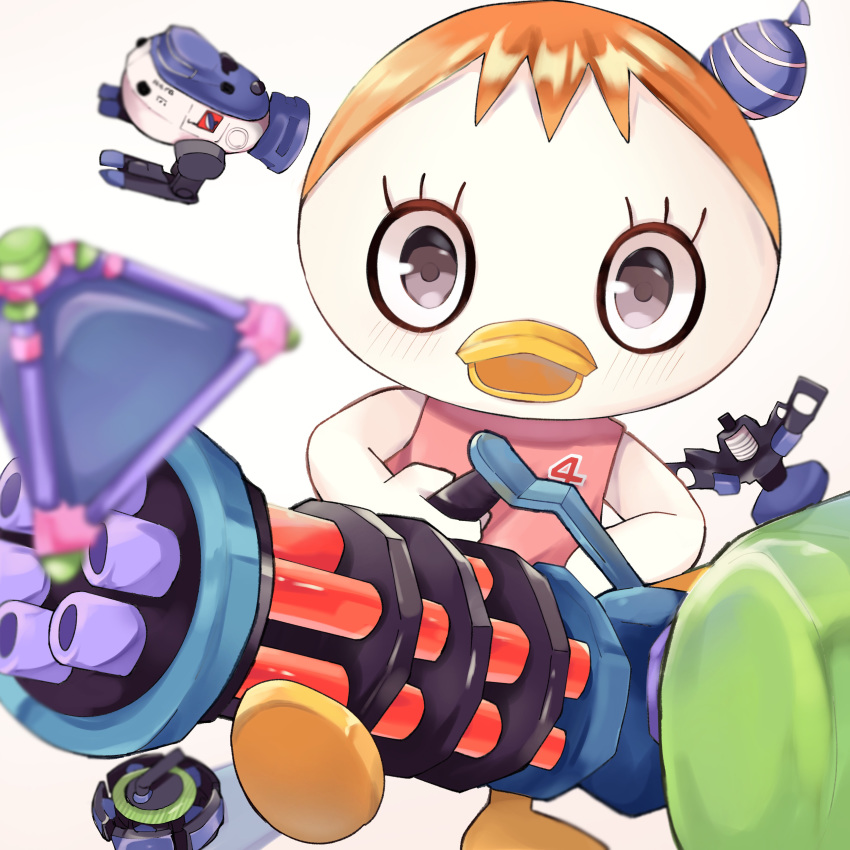 absurdres bird character_request chibi doubutsu_no_mori duck eyelashes gatling_gun gun highres holding holding_gun holding_weapon looking_at_viewer minigun open_mouth short_hair splat_bomb_(splatoon) splatoon_(series) splatoon_2 standing violet_eyes weapon yuzuremon_(sxsm4482)