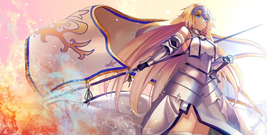 1girl absurdres armor armored_dress blonde_hair blue_eyes breast_curtains breasts chain fate/apocrypha fate/grand_order fate_(series) fire flag flame headpiece highres holding holding_flag holding_sword holding_weapon huge_filesize jeanne_d'arc_(fate) jeanne_d'arc_(fate)_(all) long_hair solo sword t_bone_(06tbone) thigh-highs very_long_hair weapon